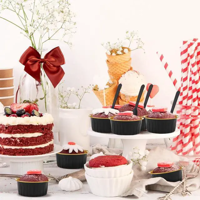 Alt view image 4 of 6 - 600 Pcs Mini Loaf Pans with Lids and Spoons Sealing Stickers 6.8oz Disposable Aluminum Foil Muffin Baking Pans 5oz Cupcake Cups Cake Containers for Mothers Day Holidays Party Picnics(Black)