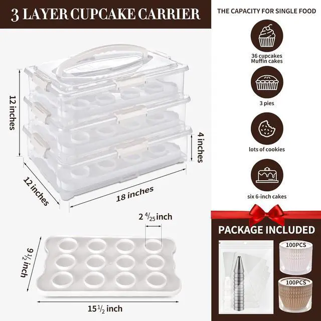 Alt view image 2 of 6 - ARC 3-tiers Cupcake Carrier (White) - Cupcake Holder and Cake Transport Container that Holds up to 36 Cupcakes or 3 Large Cakes - BPA-Free, Great for Parties & Festivals