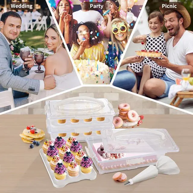 Alt view image 6 of 6 - ARC 3-tiers Cupcake Carrier (White) - Cupcake Holder and Cake Transport Container that Holds up to 36 Cupcakes or 3 Large Cakes - BPA-Free, Great for Parties & Festivals