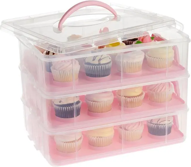 Main image of 3-Tier Cupcake Carrier - Airtight Plastic Container for Baking - Stackable Cupcake Containers & Removable Trays - Portable Cake Transport Holder - Holds 36, Pink, 13.5"x10.25"x10.75"
