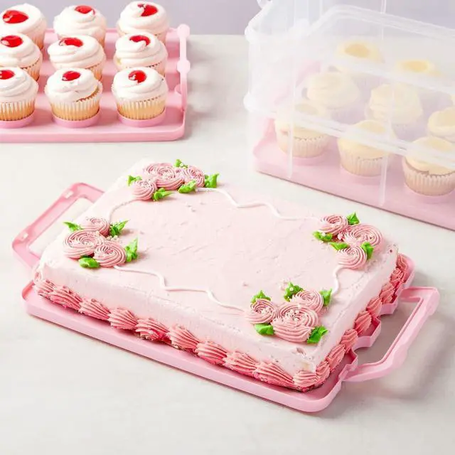 Alt view image 2 of 7 - 3-Tier Cupcake Carrier - Airtight Plastic Container for Baking - Stackable Cupcake Containers & Removable Trays - Portable Cake Transport Holder - Holds 36, Pink, 13.5"x10.25"x10.75"