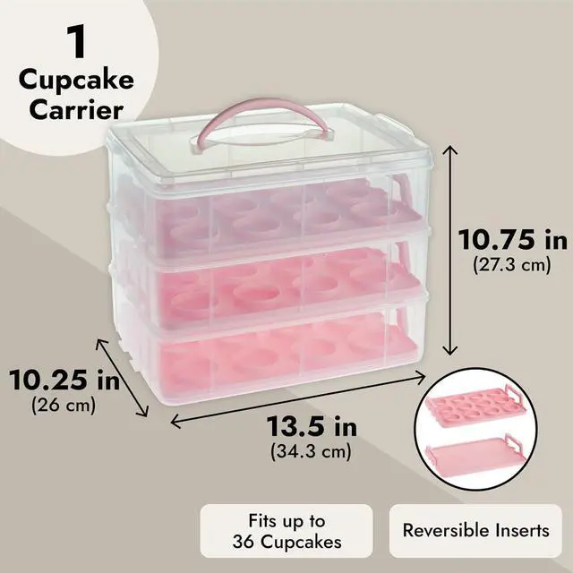 Alt view image 4 of 7 - 3-Tier Cupcake Carrier - Airtight Plastic Container for Baking - Stackable Cupcake Containers & Removable Trays - Portable Cake Transport Holder - Holds 36, Pink, 13.5"x10.25"x10.75"