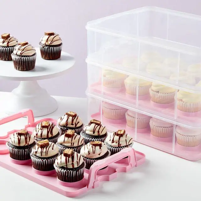 Alt view image 3 of 7 - 3-Tier Cupcake Carrier - Airtight Plastic Container for Baking - Stackable Cupcake Containers & Removable Trays - Portable Cake Transport Holder - Holds 36, Pink, 13.5"x10.25"x10.75"