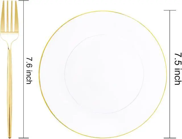 Alt view image 2 of 6 - 200Pcs Clear Gold Dessert Plates With Plastic Gold Forks, 100pcs 7.5inch Plates For Appetizers,100pcs 7.8inch Premium Forks Disposable, Cake Platos Disposable for Wedding