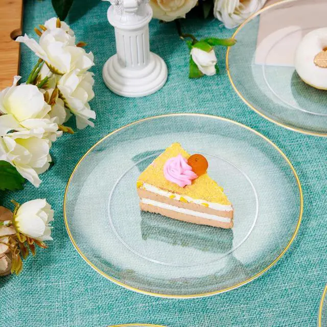 Alt view image 4 of 6 - 200Pcs Clear Gold Dessert Plates With Plastic Gold Forks, 100pcs 7.5inch Plates For Appetizers,100pcs 7.8inch Premium Forks Disposable, Cake Platos Disposable for Wedding