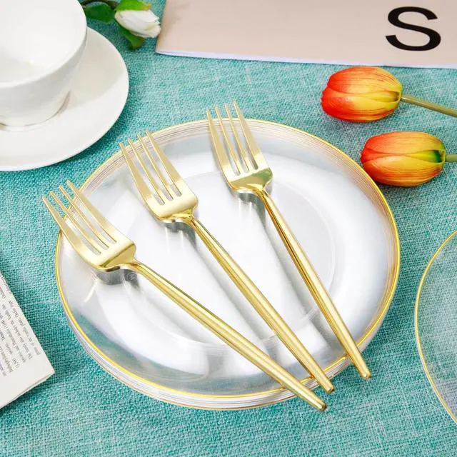 Alt view image 5 of 6 - 200Pcs Clear Gold Dessert Plates With Plastic Gold Forks, 100pcs 7.5inch Plates For Appetizers,100pcs 7.8inch Premium Forks Disposable, Cake Platos Disposable for Wedding