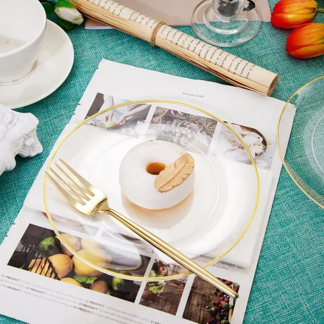 Alt view image 6 of 6 - 200Pcs Clear Gold Dessert Plates With Plastic Gold Forks, 100pcs 7.5inch Plates For Appetizers,100pcs 7.8inch Premium Forks Disposable, Cake Platos Disposable for Wedding