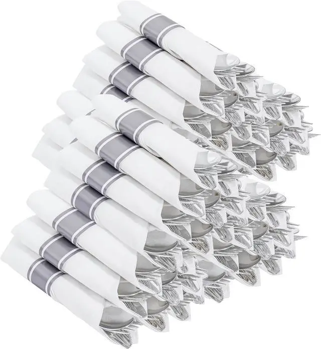 Main image of 400PCS Pre Rolled Silver Plastic Silverware Sets - Heavy Duty Silver Cutlery - Include 100 Pack Wrapped Disposable Utensils with Napkins for Parties & Dinners & Weddings