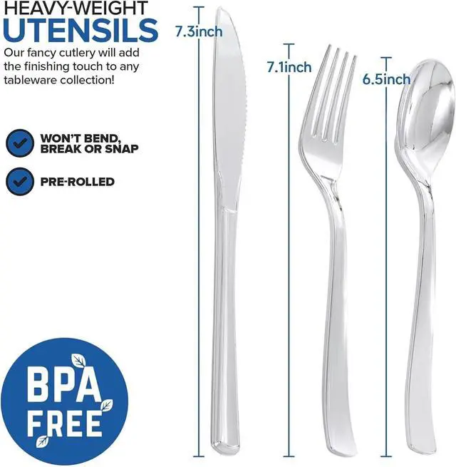 Alt view image 2 of 7 - 400PCS Pre Rolled Silver Plastic Silverware Sets - Heavy Duty Silver Cutlery - Include 100 Pack Wrapped Disposable Utensils with Napkins for Parties & Dinners & Weddings