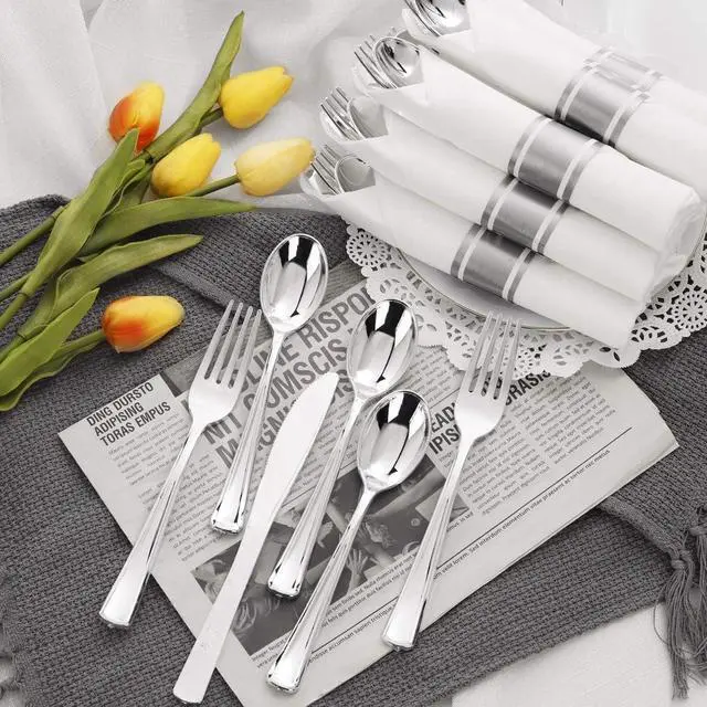 Alt view image 5 of 7 - 400PCS Pre Rolled Silver Plastic Silverware Sets - Heavy Duty Silver Cutlery - Include 100 Pack Wrapped Disposable Utensils with Napkins for Parties & Dinners & Weddings