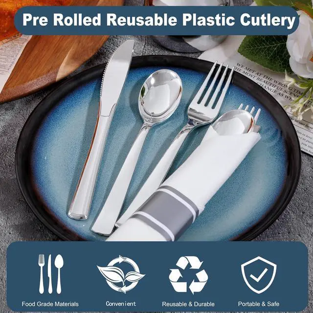 Alt view image 4 of 7 - 400PCS Pre Rolled Silver Plastic Silverware Sets - Heavy Duty Silver Cutlery - Include 100 Pack Wrapped Disposable Utensils with Napkins for Parties & Dinners & Weddings