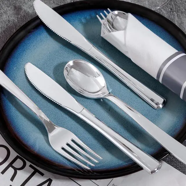 Alt view image 7 of 7 - 400PCS Pre Rolled Silver Plastic Silverware Sets - Heavy Duty Silver Cutlery - Include 100 Pack Wrapped Disposable Utensils with Napkins for Parties & Dinners & Weddings
