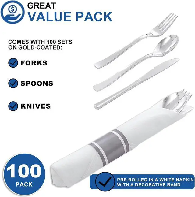 Alt view image 6 of 7 - 400PCS Pre Rolled Silver Plastic Silverware Sets - Heavy Duty Silver Cutlery - Include 100 Pack Wrapped Disposable Utensils with Napkins for Parties & Dinners & Weddings