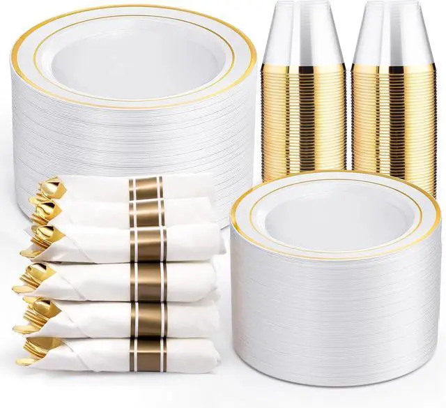350-Piece Gold Disposable Plates and Cutlery Set - Premium 10.25" Dinner Plates, 7.5" Dessert Plates, 9oz Cups & Cutlery for Weddings, Catering Events - 50 Guest Service - Elegant & Sturdy