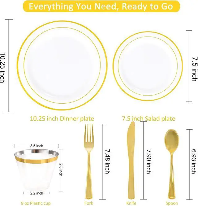 Alt view image 2 of 7 - 350-Piece Gold Disposable Plates and Cutlery Set - Premium 10.25" Dinner Plates, 7.5" Dessert Plates, 9oz Cups & Cutlery for Weddings, Catering Events - 50 Guest Service - Elegant & Sturdy
