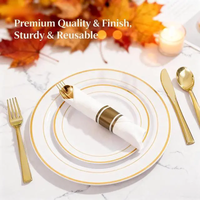 Alt view image 3 of 7 - 350-Piece Gold Disposable Plates and Cutlery Set - Premium 10.25" Dinner Plates, 7.5" Dessert Plates, 9oz Cups & Cutlery for Weddings, Catering Events - 50 Guest Service - Elegant & Sturdy