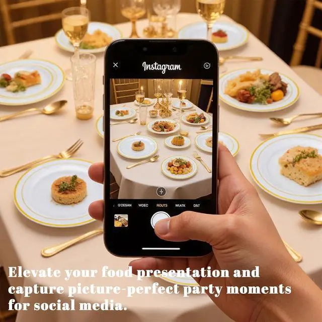 Alt view image 5 of 7 - 350-Piece Gold Disposable Plates and Cutlery Set - Premium 10.25" Dinner Plates, 7.5" Dessert Plates, 9oz Cups & Cutlery for Weddings, Catering Events - 50 Guest Service - Elegant & Sturdy