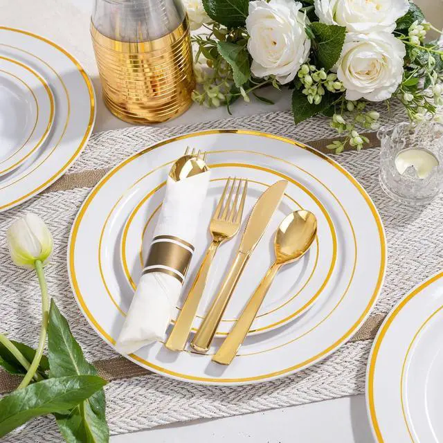 Alt view image 6 of 7 - 350-Piece Gold Disposable Plates and Cutlery Set - Premium 10.25" Dinner Plates, 7.5" Dessert Plates, 9oz Cups & Cutlery for Weddings, Catering Events - 50 Guest Service - Elegant & Sturdy