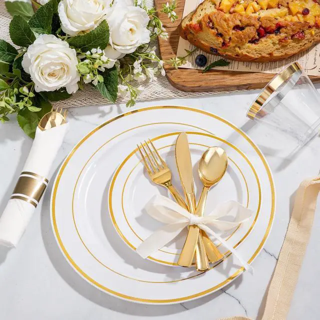 Alt view image 7 of 7 - 350-Piece Gold Disposable Plates and Cutlery Set - Premium 10.25" Dinner Plates, 7.5" Dessert Plates, 9oz Cups & Cutlery for Weddings, Catering Events - 50 Guest Service - Elegant & Sturdy