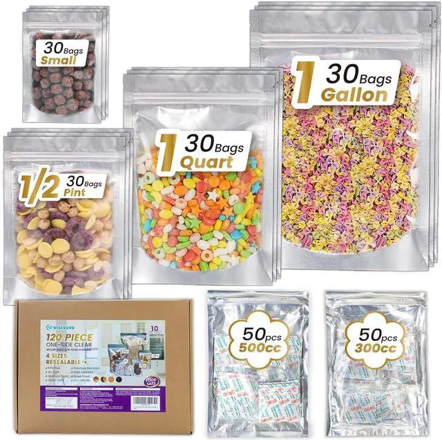 Main image of 120pcs Mylar Bags for Food Storage with Oxygen Absorbers 300cc 500cc (50 Packs Each), Resealable Pouches 4 Sizes Mix Bundle 30 Each (10x14, 7x10, 5x7, 4x6 Inches), Stand Up with Clear Window