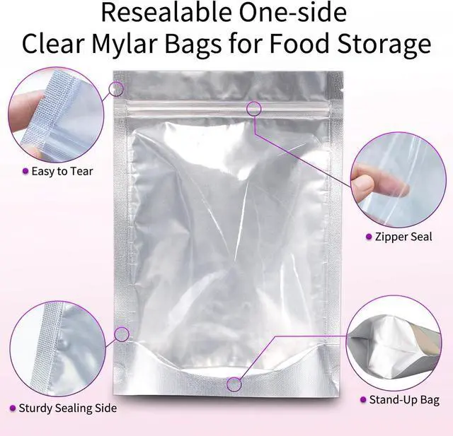 Alt view image 3 of 7 - 120pcs Mylar Bags for Food Storage with Oxygen Absorbers 300cc 500cc (50 Packs Each), Resealable Pouches 4 Sizes Mix Bundle 30 Each (10x14, 7x10, 5x7, 4x6 Inches), Stand Up with Clear Window