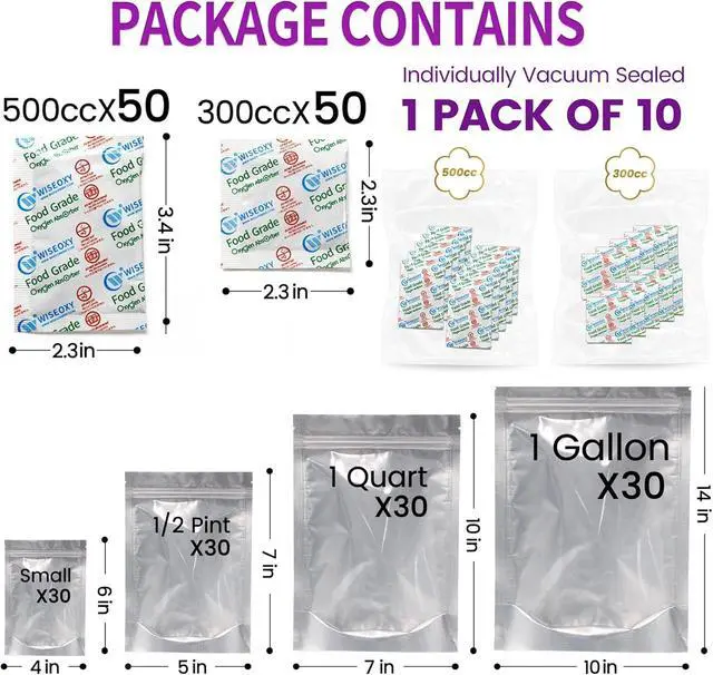 Alt view image 5 of 7 - 120pcs Mylar Bags for Food Storage with Oxygen Absorbers 300cc 500cc (50 Packs Each), Resealable Pouches 4 Sizes Mix Bundle 30 Each (10x14, 7x10, 5x7, 4x6 Inches), Stand Up with Clear Window