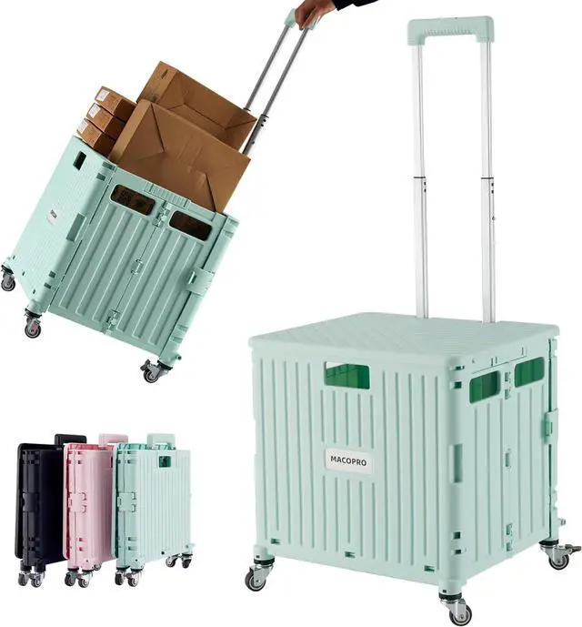 Main image of Folding Utility Cart Portable Rolling Crate Handcart Shopping Trolley Collapsible Tool Box, with Lid, Basket on 4 Rotate Wheels, for Grocery, Office, Teacher, Travel Shop Move Luggage (Green)