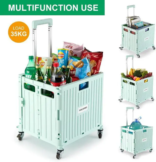 Alt view image 2 of 7 - Folding Utility Cart Portable Rolling Crate Handcart Shopping Trolley Collapsible Tool Box, with Lid, Basket on 4 Rotate Wheels, for Grocery, Office, Teacher, Travel Shop Move Luggage (Green)