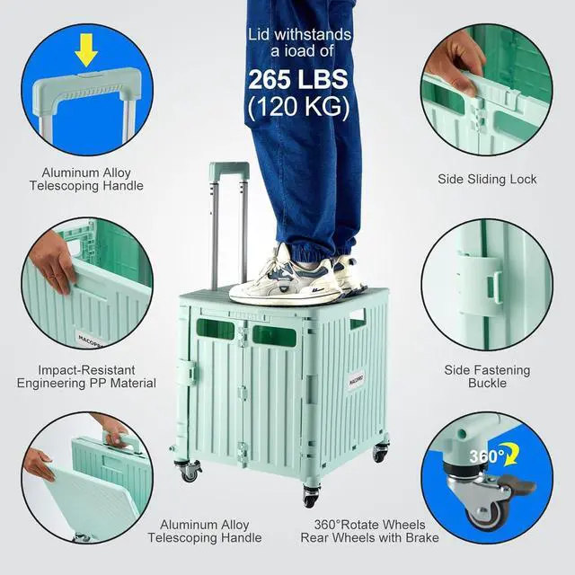 Alt view image 3 of 7 - Folding Utility Cart Portable Rolling Crate Handcart Shopping Trolley Collapsible Tool Box, with Lid, Basket on 4 Rotate Wheels, for Grocery, Office, Teacher, Travel Shop Move Luggage (Green)