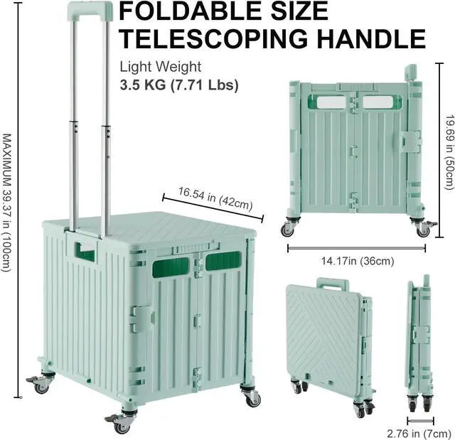 Alt view image 4 of 7 - Folding Utility Cart Portable Rolling Crate Handcart Shopping Trolley Collapsible Tool Box, with Lid, Basket on 4 Rotate Wheels, for Grocery, Office, Teacher, Travel Shop Move Luggage (Green)