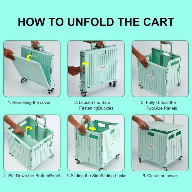 Alt view image 5 of 7 - Folding Utility Cart Portable Rolling Crate Handcart Shopping Trolley Collapsible Tool Box, with Lid, Basket on 4 Rotate Wheels, for Grocery, Office, Teacher, Travel Shop Move Luggage (Green)