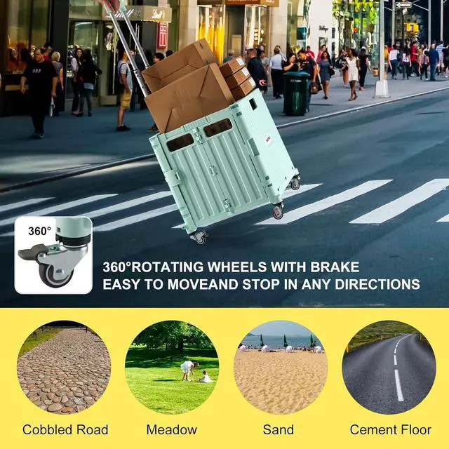 Alt view image 6 of 7 - Folding Utility Cart Portable Rolling Crate Handcart Shopping Trolley Collapsible Tool Box, with Lid, Basket on 4 Rotate Wheels, for Grocery, Office, Teacher, Travel Shop Move Luggage (Green)