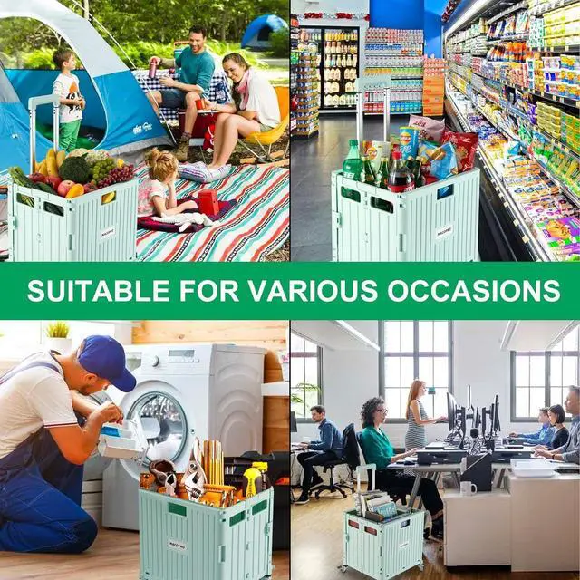 Alt view image 7 of 7 - Folding Utility Cart Portable Rolling Crate Handcart Shopping Trolley Collapsible Tool Box, with Lid, Basket on 4 Rotate Wheels, for Grocery, Office, Teacher, Travel Shop Move Luggage (Green)