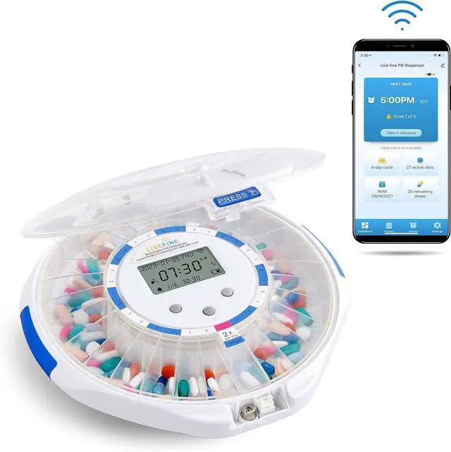 Main image of Smart WiFi Automatic Pill Dispenser Clear Lid | 28-Day Medication Organizer Up to 9 Doses Per Day for Care Monitoring with Lock Key, Light/Sound Alarms for Prescriptions & Vitamins