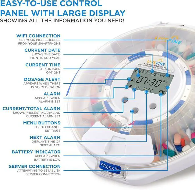 Alt view image 4 of 7 - Smart WiFi Automatic Pill Dispenser Clear Lid | 28-Day Medication Organizer Up to 9 Doses Per Day for Care Monitoring with Lock Key, Light/Sound Alarms for Prescriptions & Vitamins