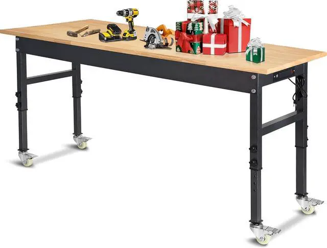 Main image of 60" Adjustable Work Bench, Rubber Wood Top Workbench Heavy-Duty Work Table with Power Outlet and Wheels, 2000 LBS Load Capacity Hardwood Work Benches for Garage, Workshop, Home, Office, Easy Assembly