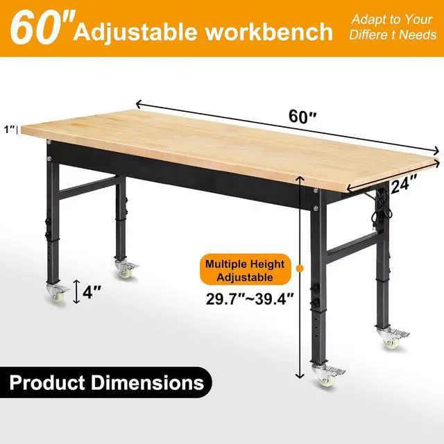Alt view image 4 of 7 - 60" Adjustable Work Bench, Rubber Wood Top Workbench Heavy-Duty Work Table with Power Outlet and Wheels, 2000 LBS Load Capacity Hardwood Work Benches for Garage, Workshop, Home, Office, Easy Assembly