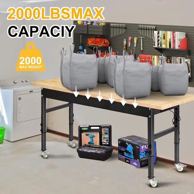 Alt view image 3 of 7 - 60" Adjustable Work Bench, Rubber Wood Top Workbench Heavy-Duty Work Table with Power Outlet and Wheels, 2000 LBS Load Capacity Hardwood Work Benches for Garage, Workshop, Home, Office, Easy Assembly