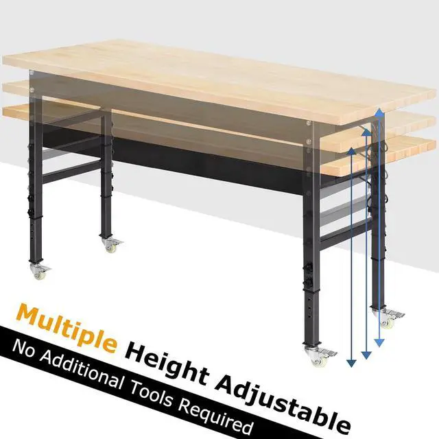 Alt view image 7 of 7 - 60" Adjustable Work Bench, Rubber Wood Top Workbench Heavy-Duty Work Table with Power Outlet and Wheels, 2000 LBS Load Capacity Hardwood Work Benches for Garage, Workshop, Home, Office, Easy Assembly