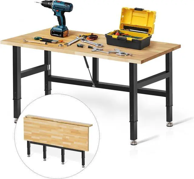 Main image of 48 Folding Workbench, 2000 LBS Capacity Heavy Duty Workbench, Height Adjustable Foldable Work Table, Rubberwood Collapsible Desk for Workshop, Garage, Office, Home