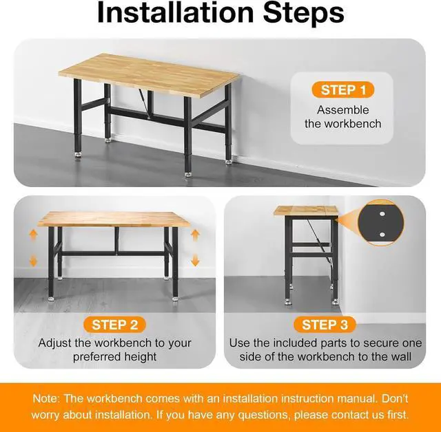 Alt view image 2 of 7 - 48 Folding Workbench, 2000 LBS Capacity Heavy Duty Workbench, Height Adjustable Foldable Work Table, Rubberwood Collapsible Desk for Workshop, Garage, Office, Home