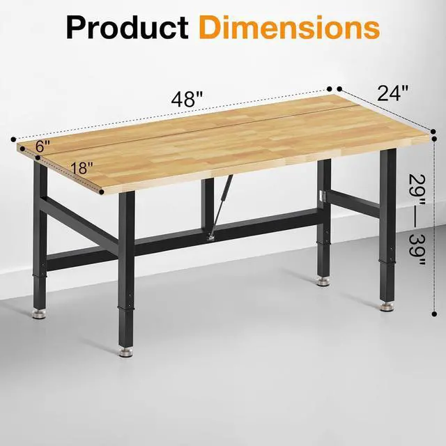 Alt view image 4 of 7 - 48 Folding Workbench, 2000 LBS Capacity Heavy Duty Workbench, Height Adjustable Foldable Work Table, Rubberwood Collapsible Desk for Workshop, Garage, Office, Home