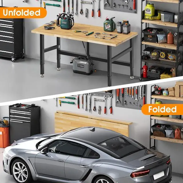 Alt view image 7 of 7 - 48 Folding Workbench, 2000 LBS Capacity Heavy Duty Workbench, Height Adjustable Foldable Work Table, Rubberwood Collapsible Desk for Workshop, Garage, Office, Home