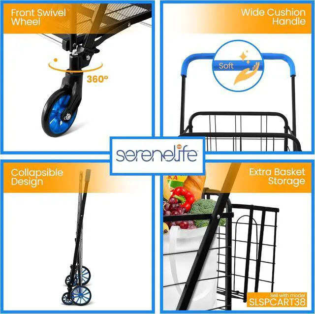 Alt view image 2 of 7 - Shopping Cart - Swivel Front Wheels, Portable and Collapsible Design, with Detachable Basket, Ideal for Grocery, Laundry, and Shopping, 110 lbs Weight Capacity