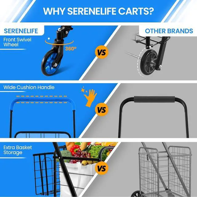 Alt view image 3 of 7 - Shopping Cart - Swivel Front Wheels, Portable and Collapsible Design, with Detachable Basket, Ideal for Grocery, Laundry, and Shopping, 110 lbs Weight Capacity