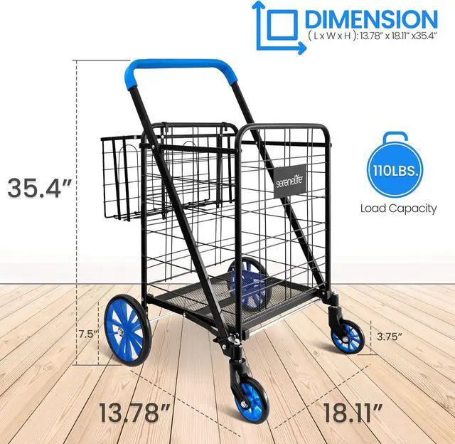 Alt view image 4 of 7 - Shopping Cart - Swivel Front Wheels, Portable and Collapsible Design, with Detachable Basket, Ideal for Grocery, Laundry, and Shopping, 110 lbs Weight Capacity