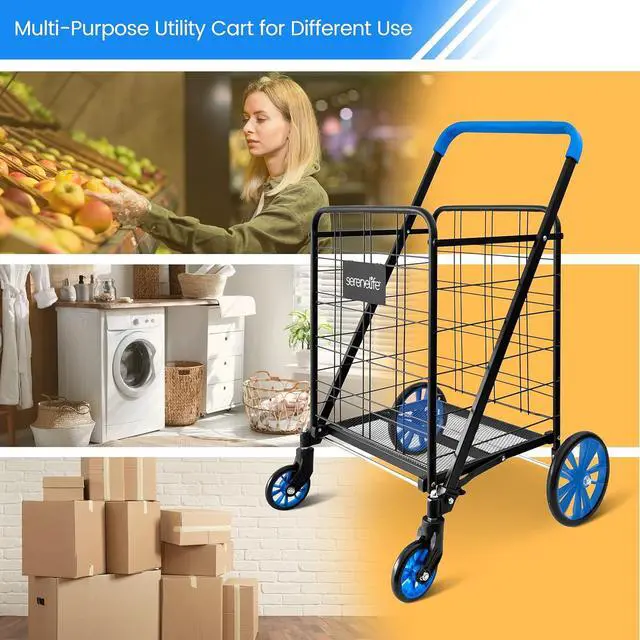 Alt view image 7 of 7 - Shopping Cart - Swivel Front Wheels, Portable and Collapsible Design, with Detachable Basket, Ideal for Grocery, Laundry, and Shopping, 110 lbs Weight Capacity