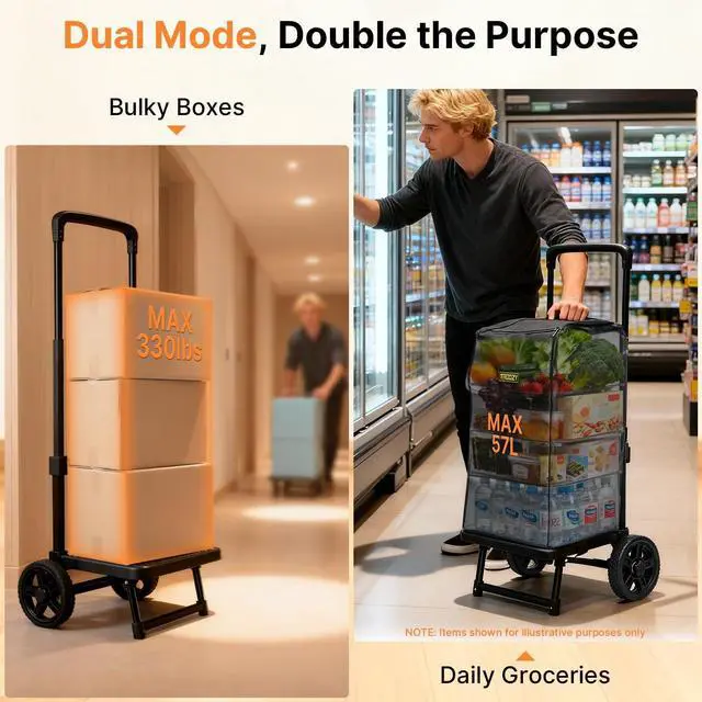 Alt view image 4 of 7 - 2-in-1 Grocery Cart with Wheels, Waterproof Removable Bag 57L, Foldable Shopping Cart with Full Platform, 330LB Stair Climber for Shopping, Moving & Laundry, Black