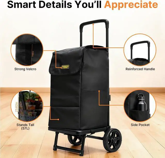 Alt view image 7 of 7 - 2-in-1 Grocery Cart with Wheels, Waterproof Removable Bag 57L, Foldable Shopping Cart with Full Platform, 330LB Stair Climber for Shopping, Moving & Laundry, Black
