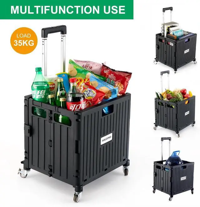Alt view image 2 of 7 - Folding Utility Cart Portable Rolling Crate Handcart Shopping Trolley Collapsible Tool Box, with Lid, Basket on 4 Rotate Wheels, for Grocery, Office, Luggage, Teacher (Black)
